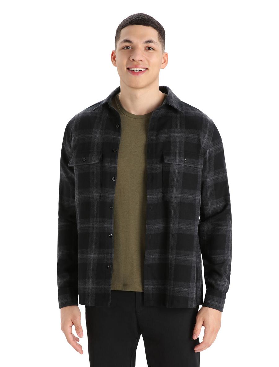 Icebreaker Merino Dawnder Long Sleeve Flannel Shirt Plaid Férfi Kapucnis Pulóver Fekete Szürke | HU 1256ILHS